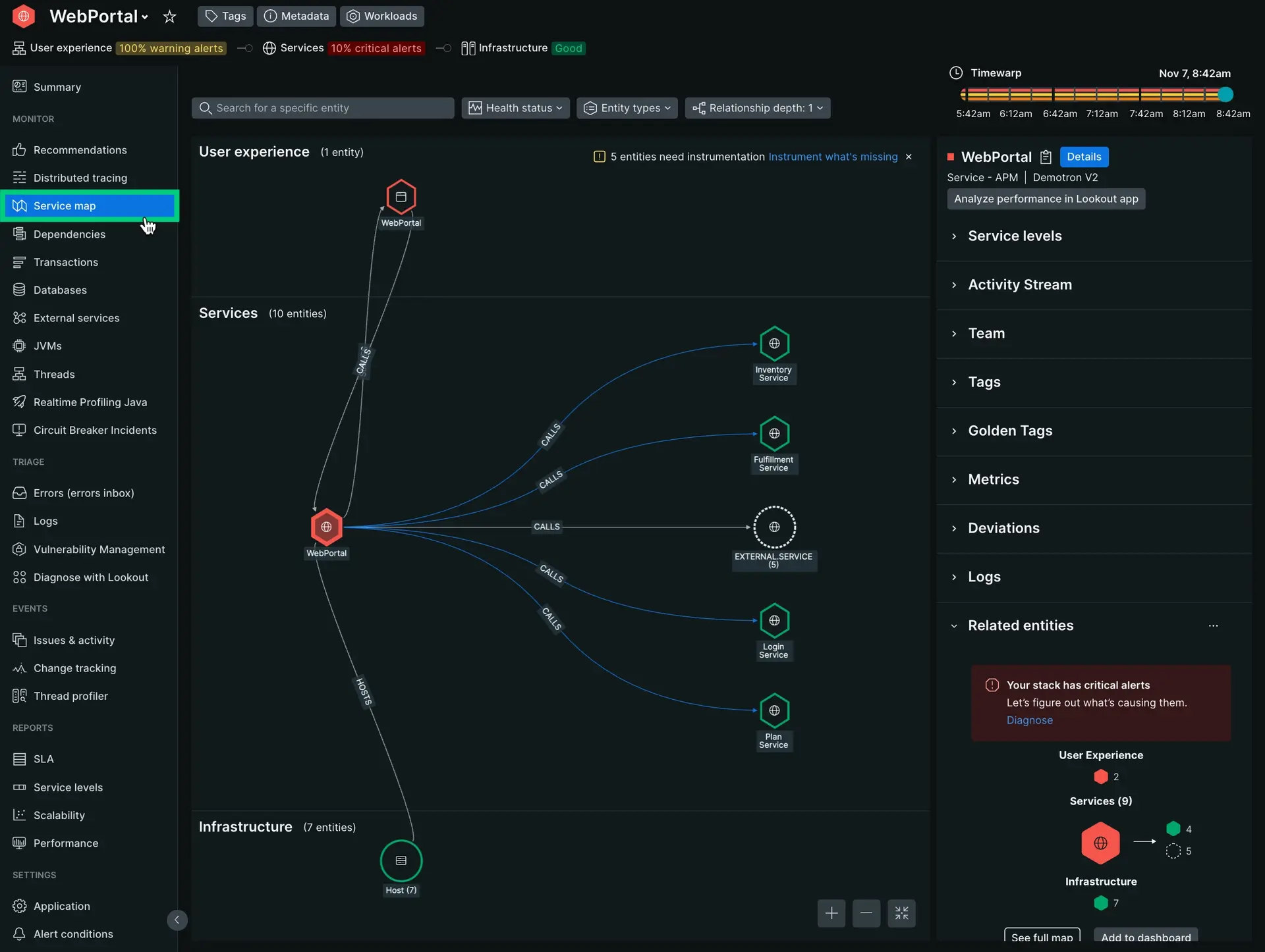 Service map experience A screenshot of the service map experience. The screenshot shows a UI separated by white lines into three tiers. They're ordered vertically with user experience as the top tier, services as the second tier, and infrastructure as the third tier.