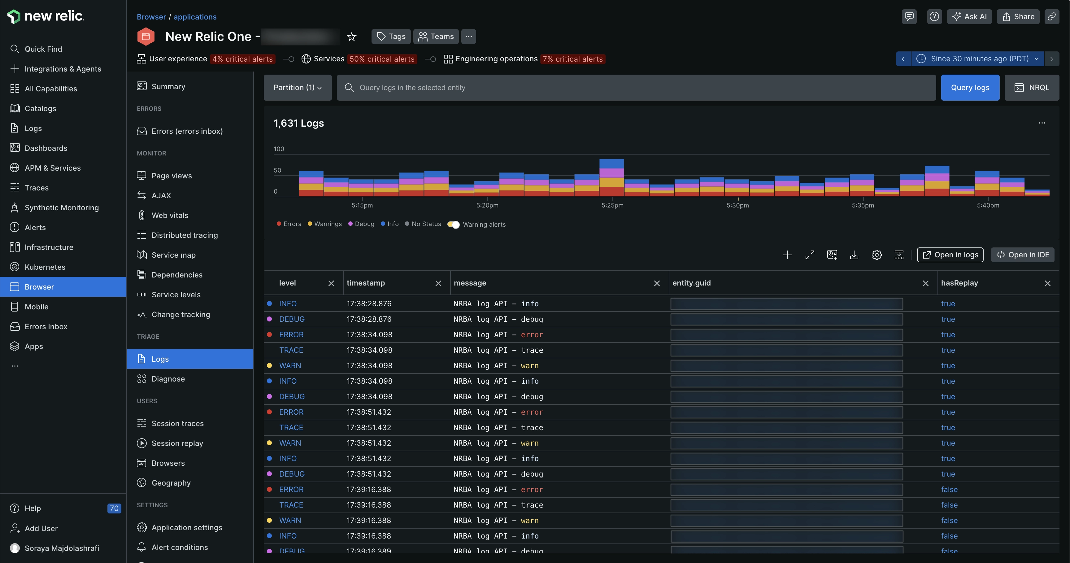 Browser logs Screenshot of browser logs page