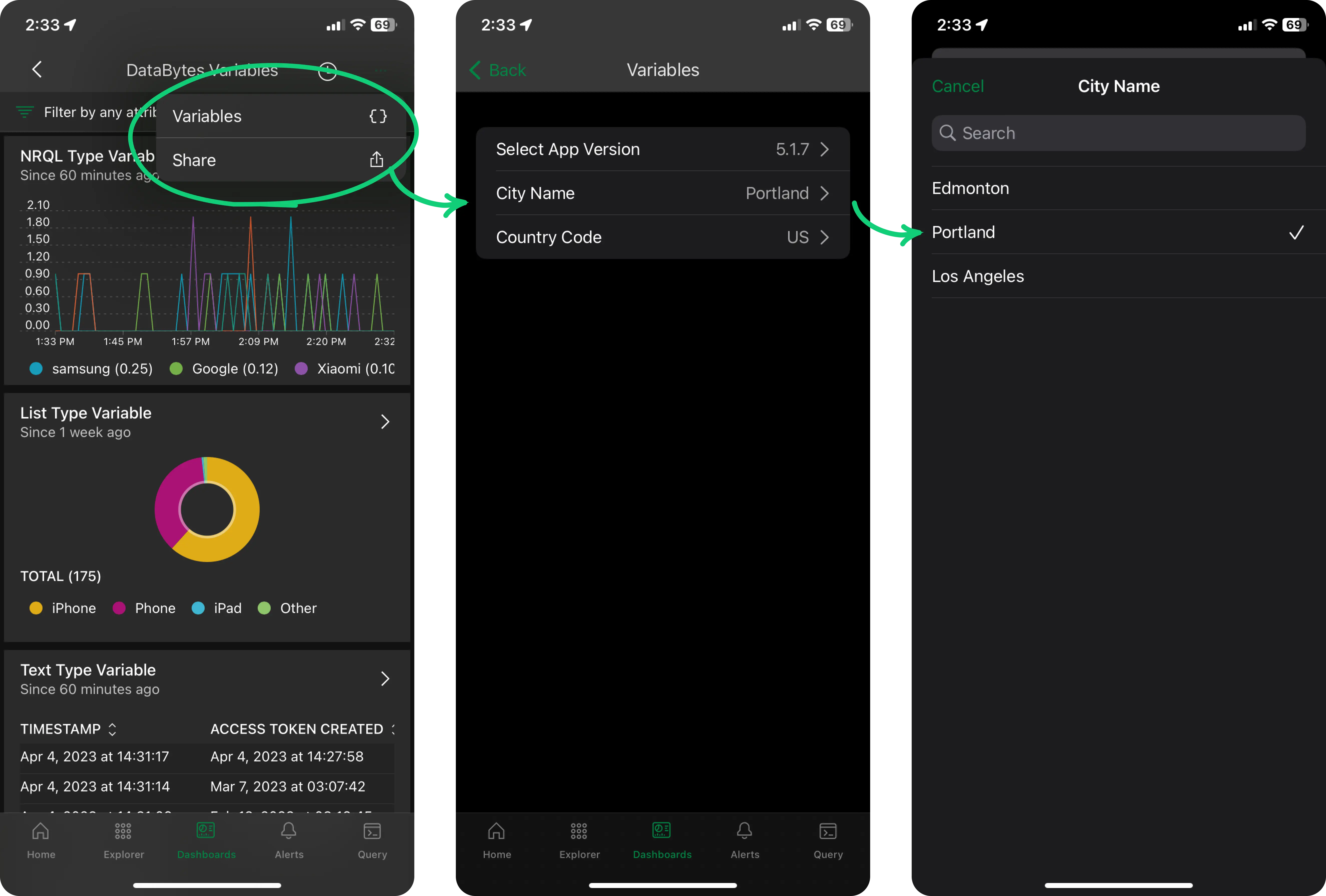 "Image showing how to navigate dashboard template variables on mobile"