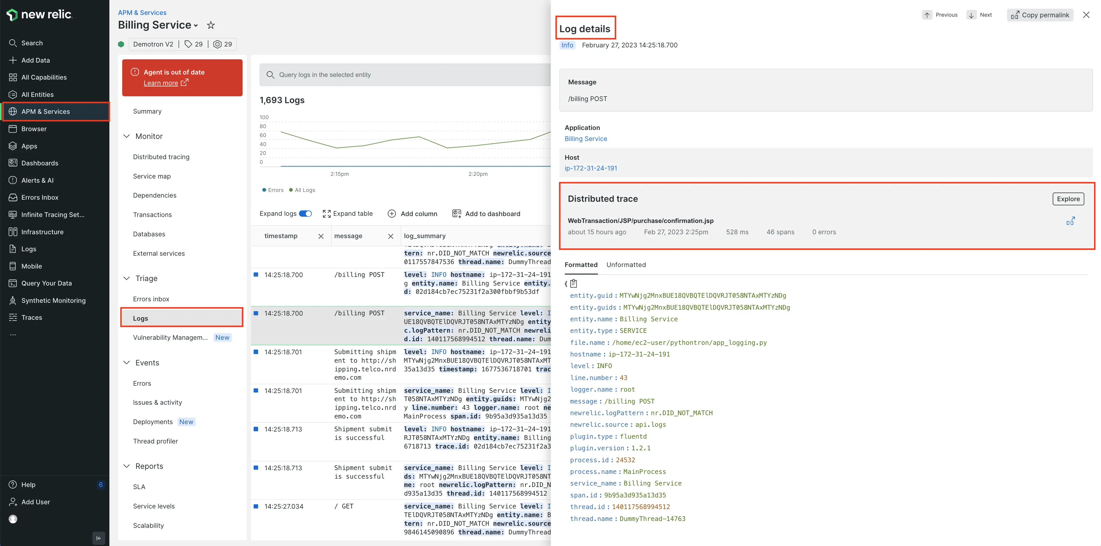 Click into the log details to see traces in context