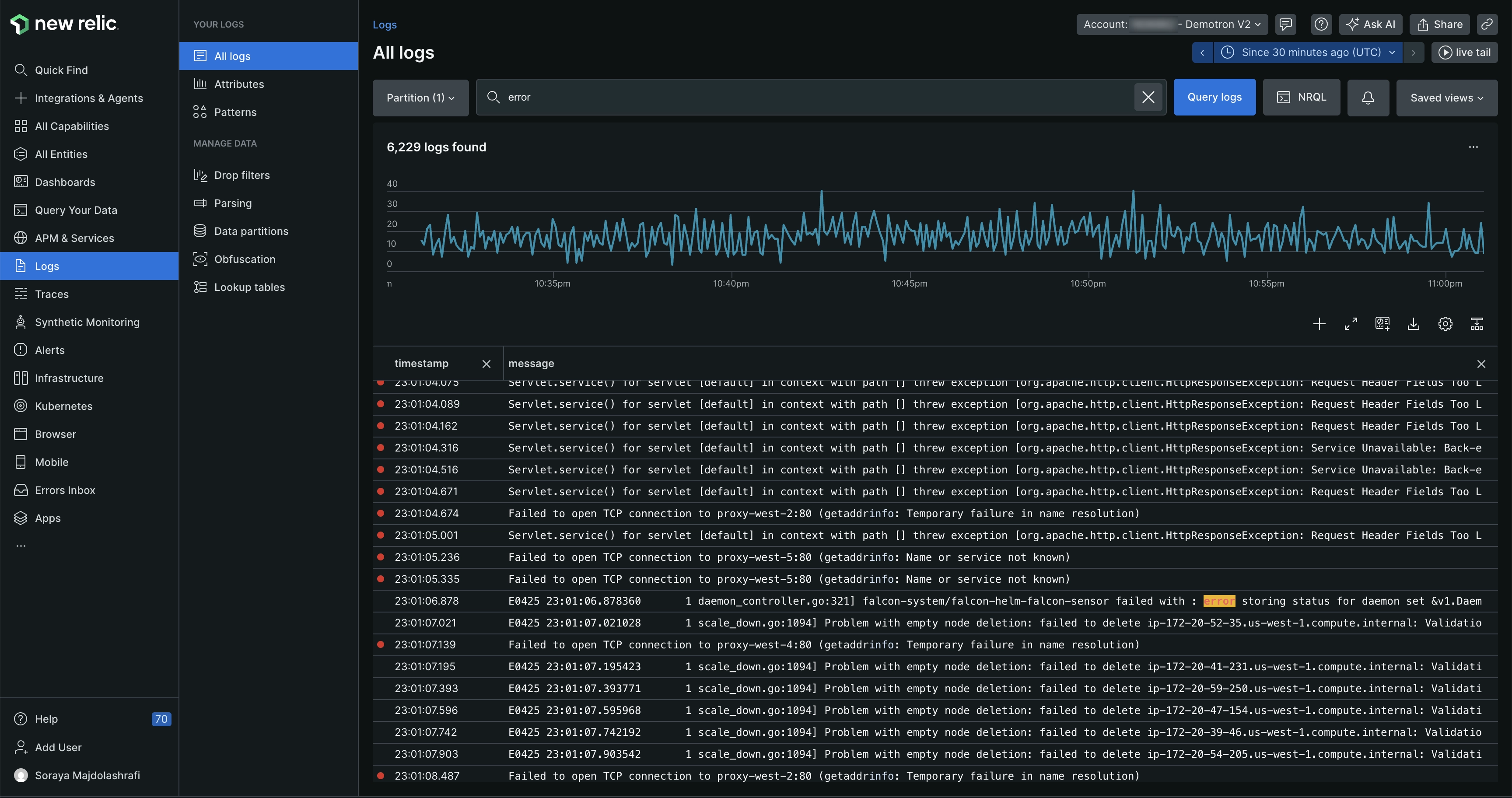 Screenshot of New Relic logs UI Screenshot of New Relic logs UI
