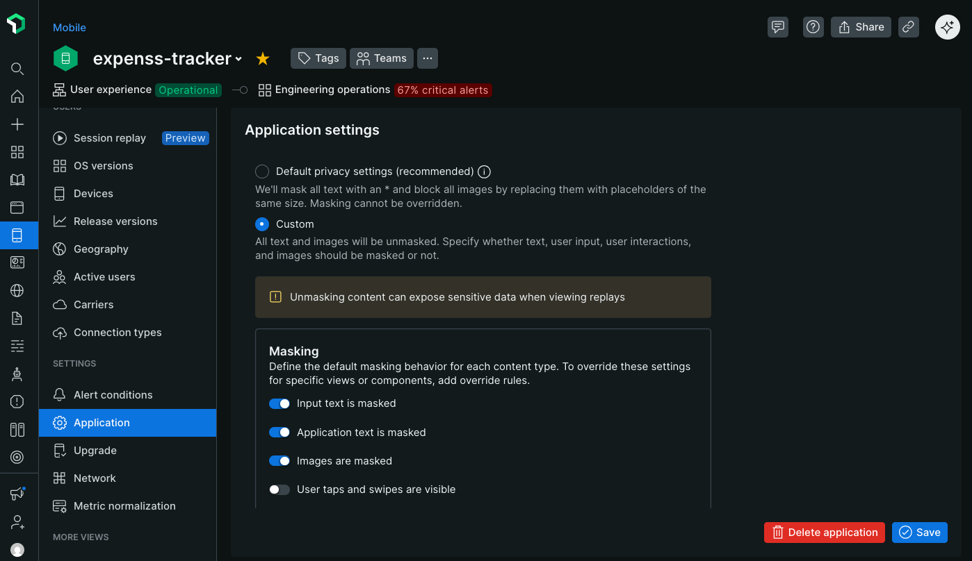 Mobile Session Replay masking modes Mobile Session Replay masking modes configuration panel