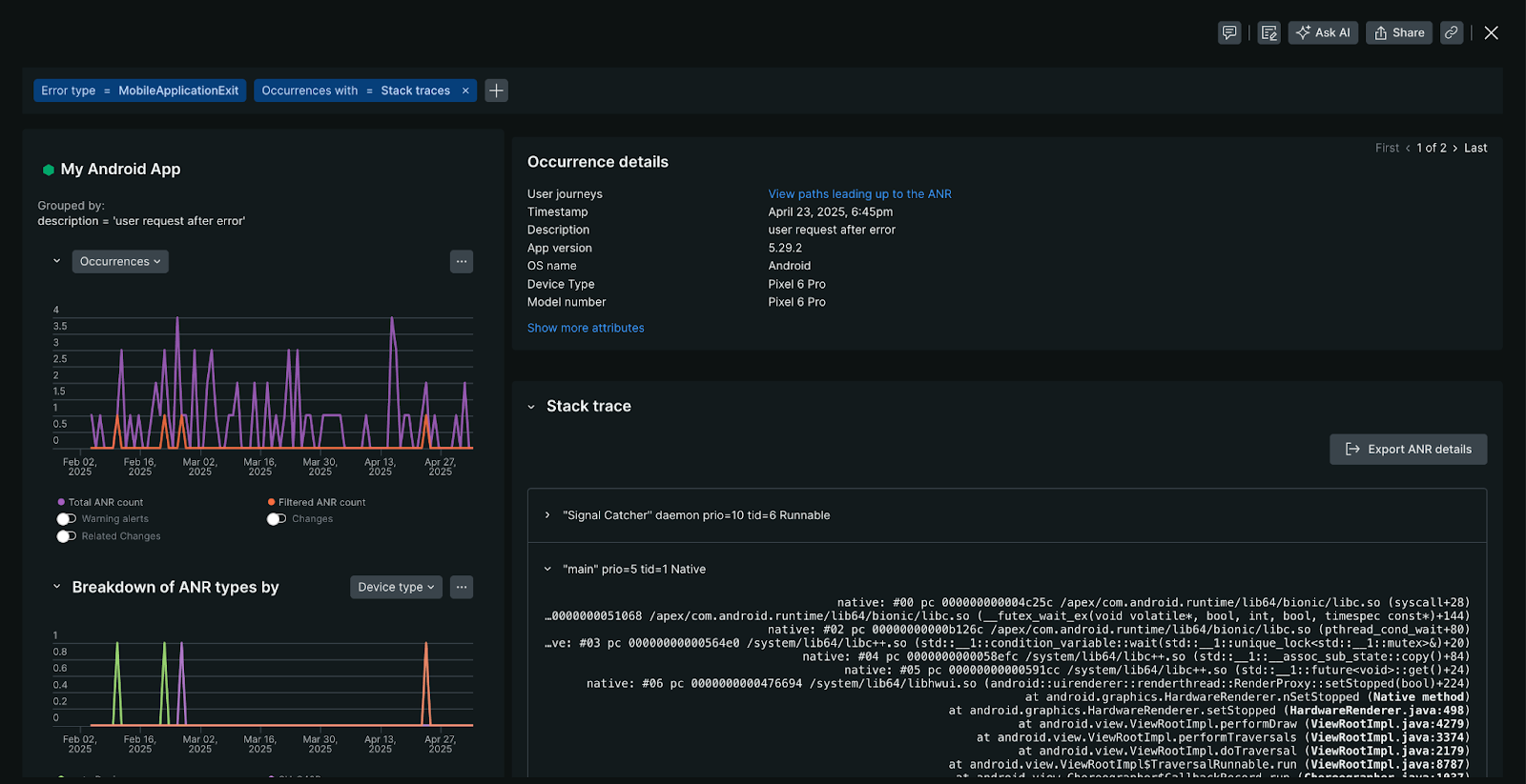 ANR details view Select an ANR occurrence to open the ANR details page