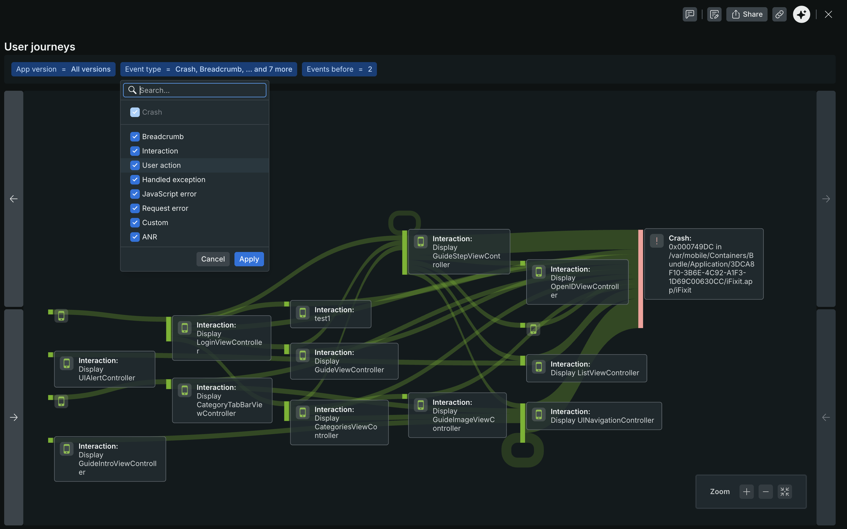 The event type filter dropdown showing options: Crash, Breadcrumb, Interaction, User action, Handled exception, JavaScript error, Request error, Custom, ANR