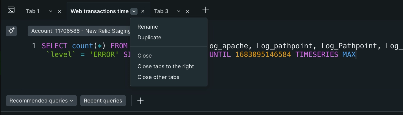 "Organize query tabs in New Relic."