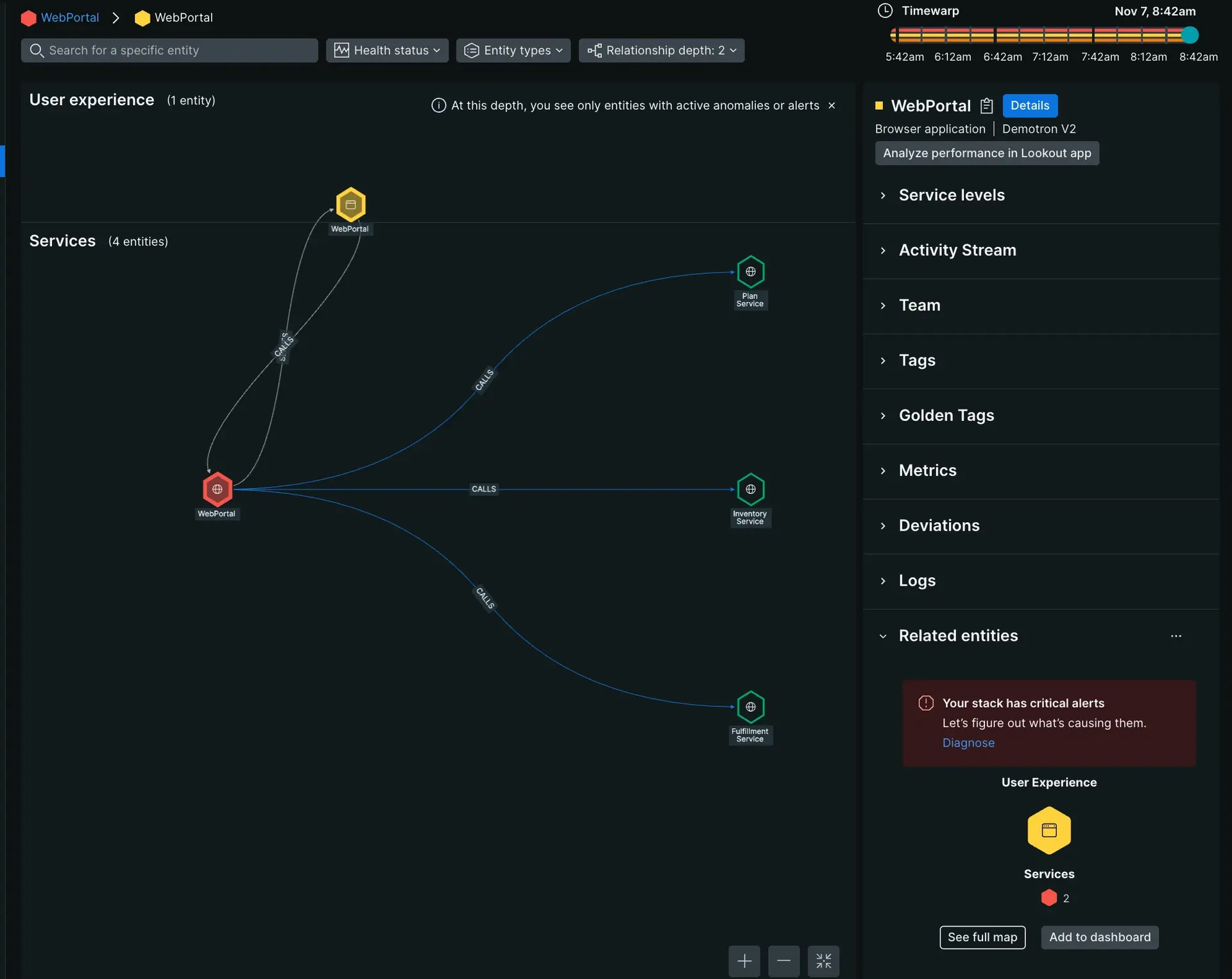Example of map from this entity A screenshot of how service map updates after mapping from a specific entity.