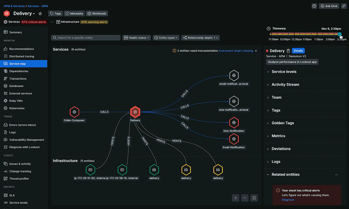 Search, filter, and explore your entities A GIF of how service map updates when filtering the health status, timewarp, entity type, and relationship depth.