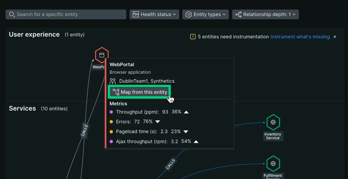 Map from this entity A screenshot of the tooltip that appears when you hover your cursor over an entity.