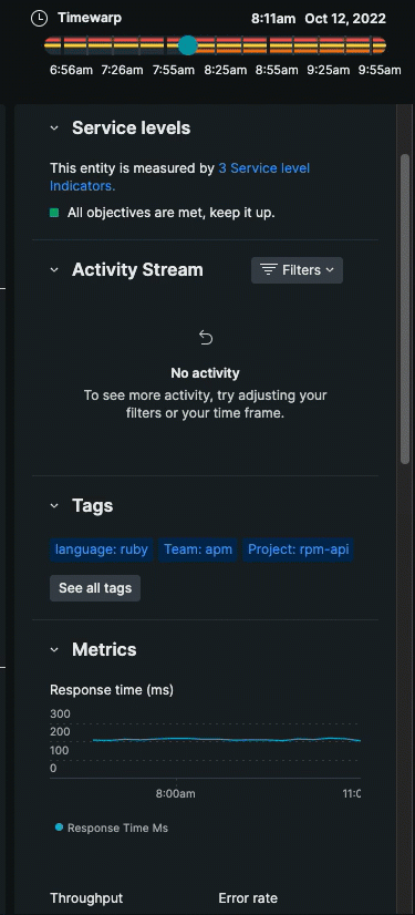 Service maps right pane A gif that scrolls through the right pane in service maps. It shows different graphs that correspond to the above paragraph.
