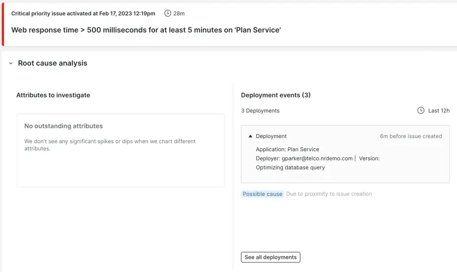 A screenshot showing the root cause analysis page in the user interface