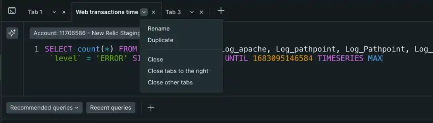 "Organize query tabs in New Relic."